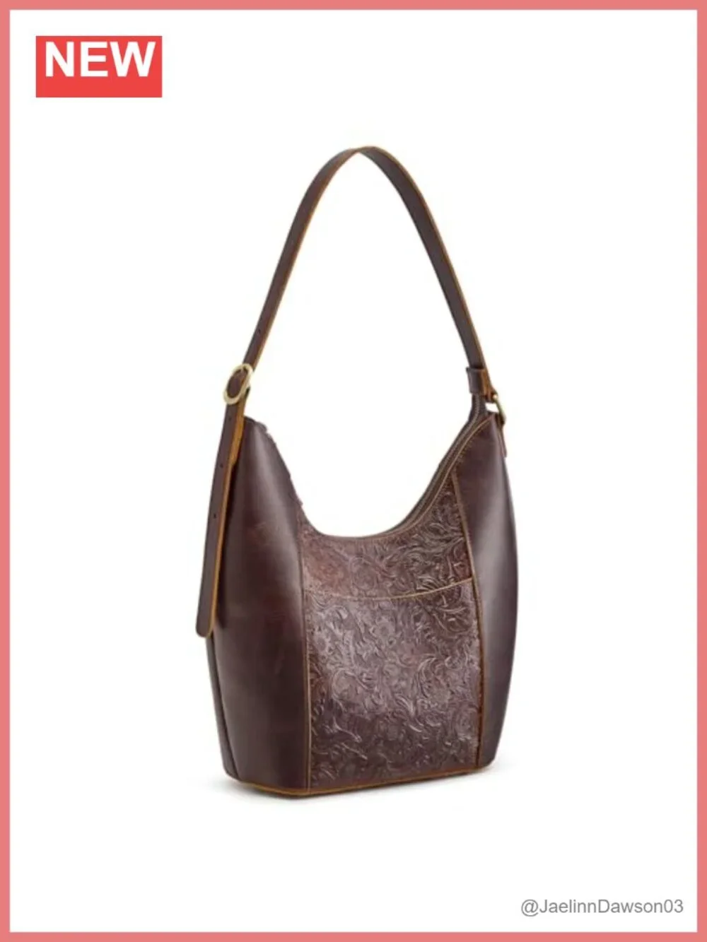 Genuine Leather Hobo Handbag with Rose Pattern Adjustable Strap
